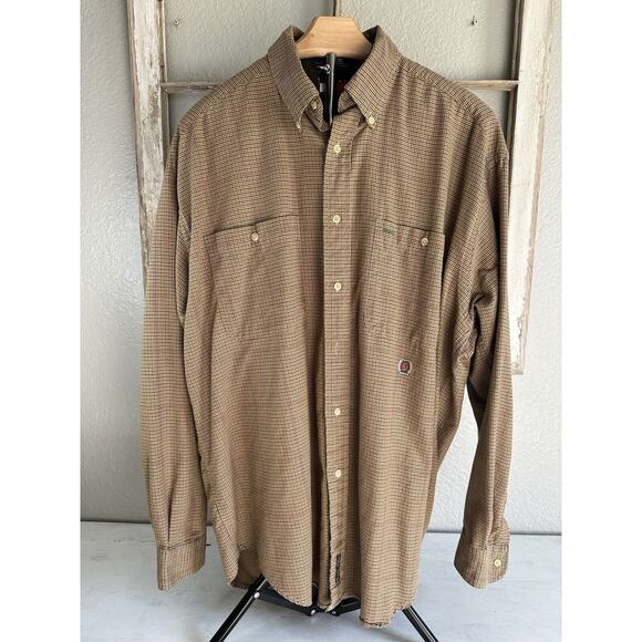 Tommy Hilfiger Men’s Shirt Sz L Tan Plaid Front Pockets Long Sleeve Button Down - Picture 1 of 15